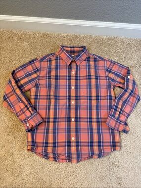 Janie and Jack Pink Coral & Navy Plaid Button Down Shirt Size Small